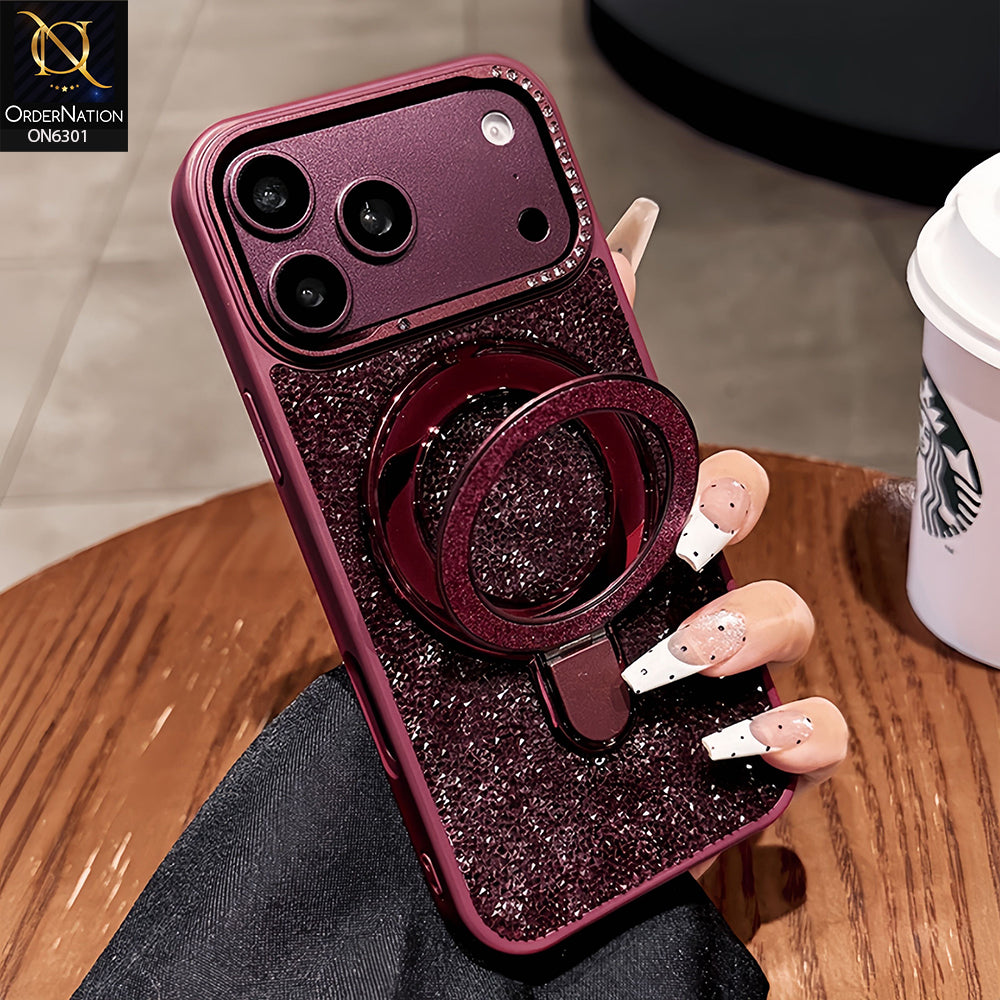 iPhone 17 Pro Max Cover - Cherry - Glitter Textured Protective Phone Case with 360° Rotating Ring Holder, Rhinestone Camera Protection & Shockproof Bumper