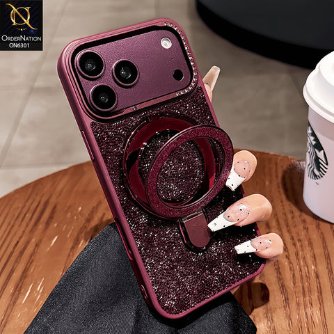 iPhone 17 Pro Max Cover - Cherry - Glitter Textured Protective Phone Case with 360° Rotating Ring Holder, Rhinestone Camera Protection & Shockproof Bumper
