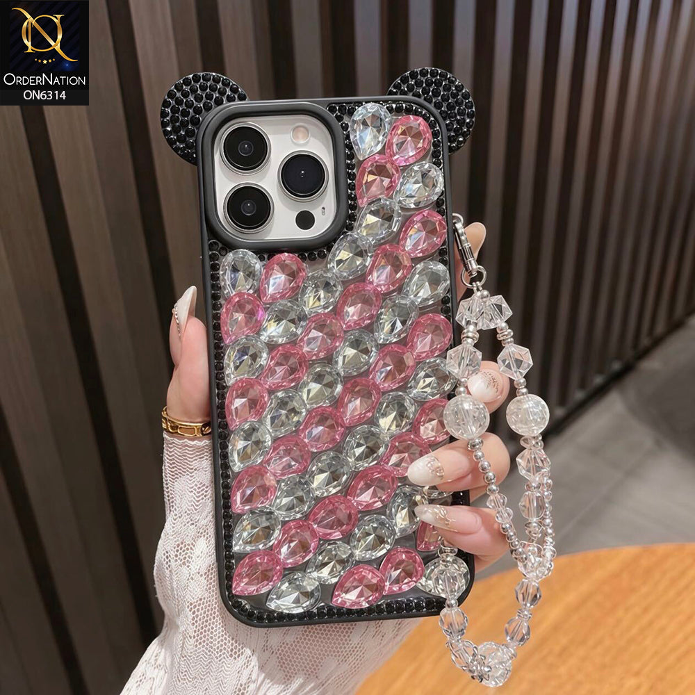 iPhone 13 Pro Max Cover - Pink - Luxury Crystal Rhinestone Phone Case with 3D Mouse Ear Design, Protective Cover and Beaded Chain