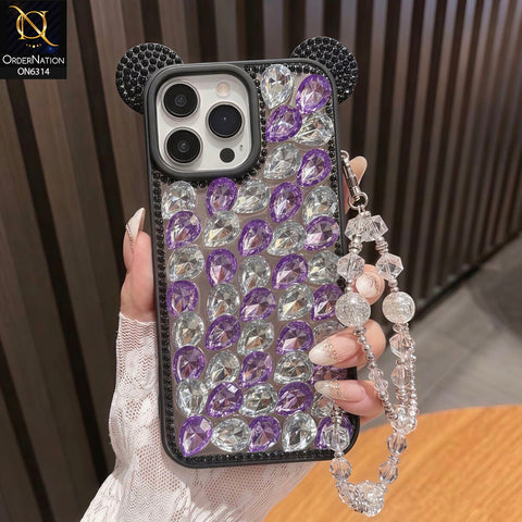iPhone 14 Pro Max Cover - Purple - Luxury Crystal Rhinestone Phone Case with 3D Mouse Ear Design, Protective Cover and Beaded Chain