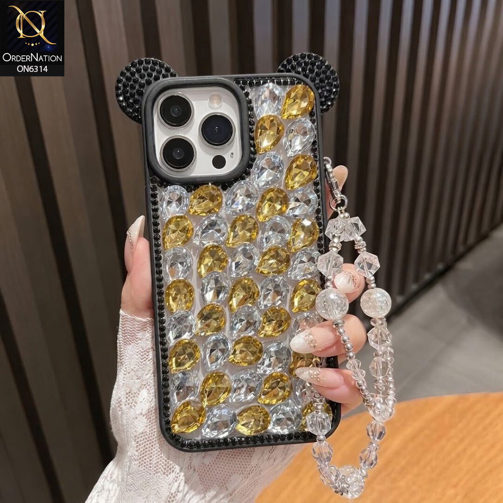 iPhone 14 Pro Max Cover - Yellow - Luxury Crystal Rhinestone Phone Case with 3D Mouse Ear Design, Protective Cover and Beaded Chain