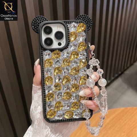 iPhone 14 Pro Max Cover - Yellow - Luxury Crystal Rhinestone Phone Case with 3D Mouse Ear Design, Protective Cover and Beaded Chain