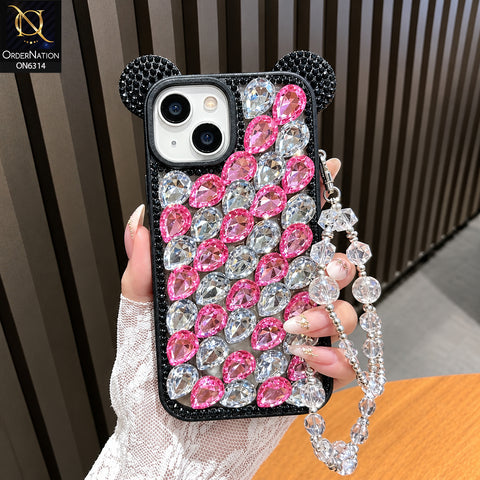 iPhone 15 Cover - Pink - Luxury Crystal Rhinestone Phone Case with 3D Mouse Ear Design, Protective Cover and Beaded Chain