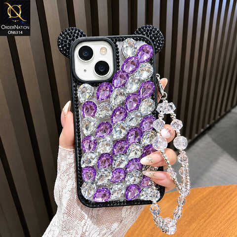 iPhone 15 Cover - Purple - Luxury Crystal Rhinestone Phone Case with 3D Mouse Ear Design, Protective Cover and Beaded Chain