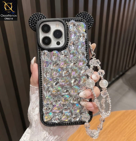 iPhone 16 Pro Max Cover - Silver - Luxury Crystal Rhinestone Phone Case with 3D Mouse Ear Design, Protective Cover and Beaded Chain