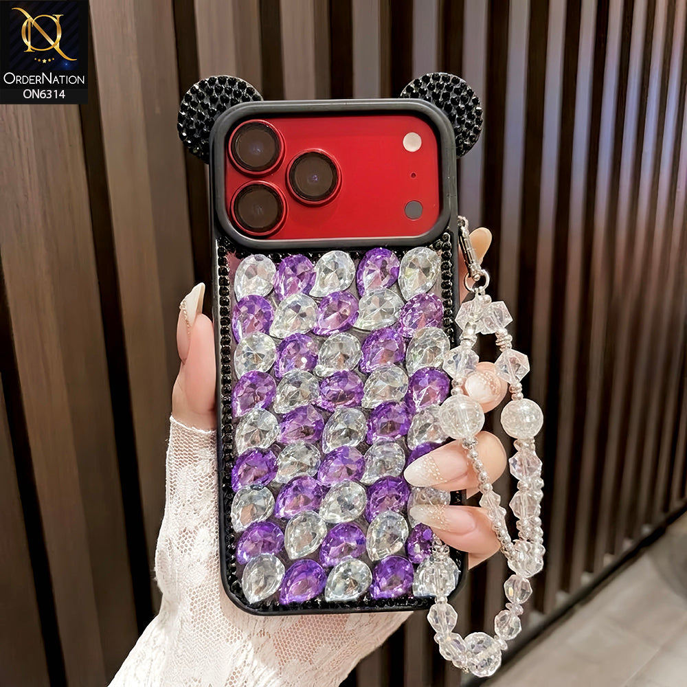 iPhone 17 Pro Max Cover - Purple - Luxury Crystal Rhinestone Phone Case with 3D Mouse Ear Design, Protective Cover and Beaded Chain