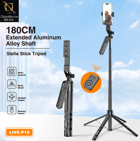 PLOKAMA LIVE-P10 180cm Selfie Stick Tripod with Bluetooth Remote, 360° + 180° Rotation & Aluminum Alloy Stand
