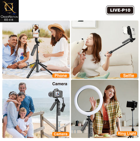 PLOKAMA LIVE-P10 180cm Selfie Stick Tripod with Bluetooth Remote, 360° + 180° Rotation & Aluminum Alloy Stand