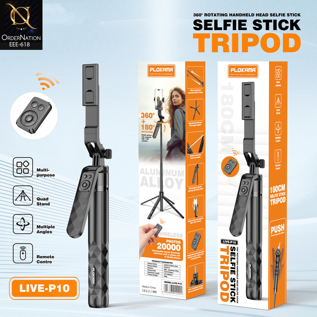 PLOKAMA LIVE-P10 180cm Selfie Stick Tripod with Bluetooth Remote, 360° + 180° Rotation & Aluminum Alloy Stand