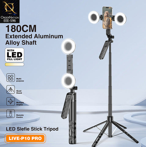 PLOKAMA LIVE-P10 Pro 180cm Selfie Stick Tripod with Dual LED Fill Lights, Bluetooth Remote & 360° + 180° Rotation