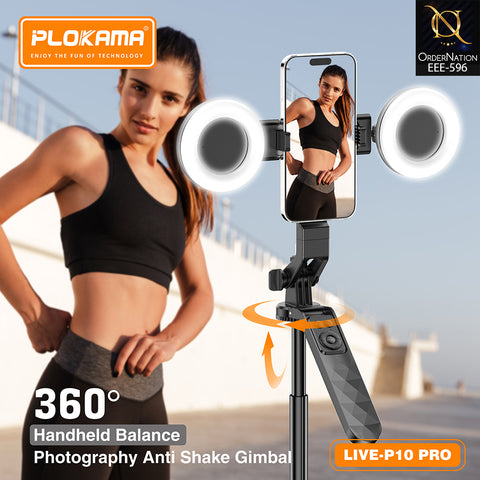 PLOKAMA LIVE-P10 Pro 180cm Selfie Stick Tripod with Dual LED Fill Lights, Bluetooth Remote & 360° + 180° Rotation
