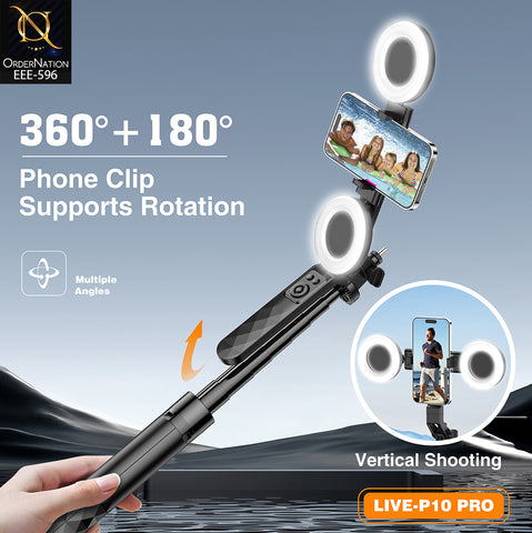 PLOKAMA LIVE-P10 Pro 180cm Selfie Stick Tripod with Dual LED Fill Lights, Bluetooth Remote & 360° + 180° Rotation