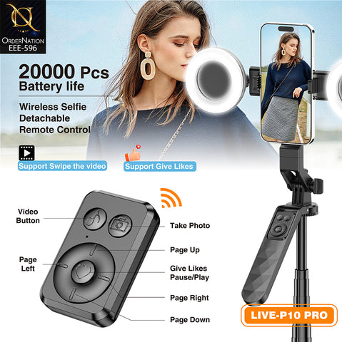 PLOKAMA LIVE-P10 Pro 180cm Selfie Stick Tripod with Dual LED Fill Lights, Bluetooth Remote & 360° + 180° Rotation
