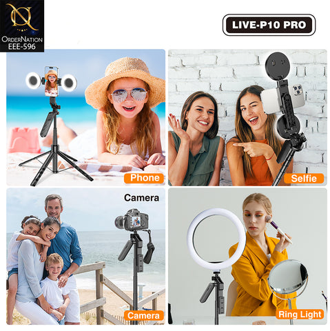 PLOKAMA LIVE-P10 Pro 180cm Selfie Stick Tripod with Dual LED Fill Lights, Bluetooth Remote & 360° + 180° Rotation