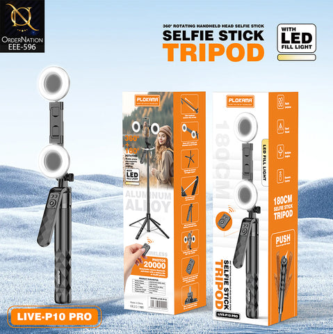 PLOKAMA LIVE-P10 Pro 180cm Selfie Stick Tripod with Dual LED Fill Lights, Bluetooth Remote & 360° + 180° Rotation
