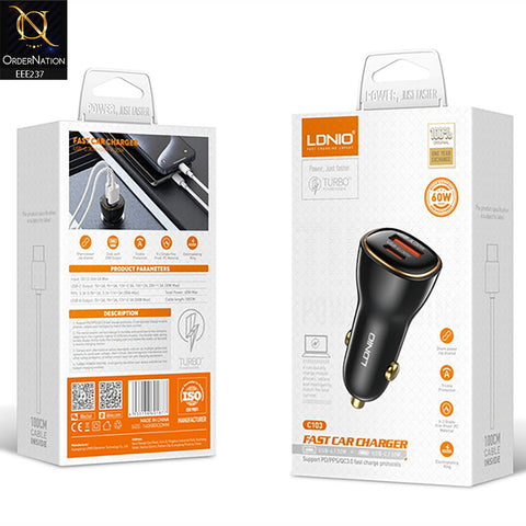 Ldnio C103 60W PD QC Super Fast Car Charger With C to C Cable – Black