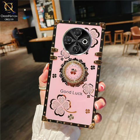 Tecno Spark 30C 4G Cover - Pink -  Square Bling Diamond Glitter Soft TPU Trunk Case with Ring Holder