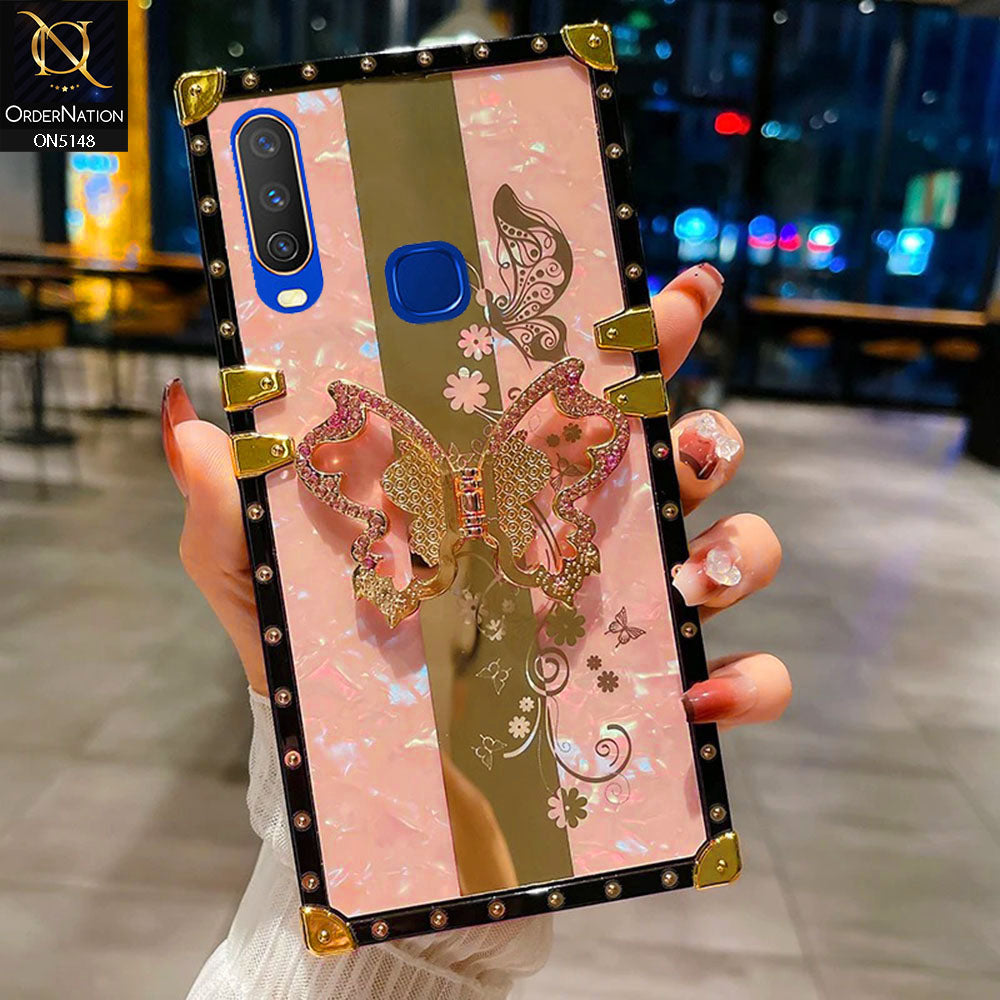 Vivo Y15 Cover - Pink -  Luxury Shiny Rhinestone Butterfly Electroplated Square Trunk Soft Case