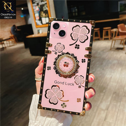 iPhone 15 Cover - Pink - Square Bling Diamond Glitter Soft TPU Trunk Case with Ring Holder