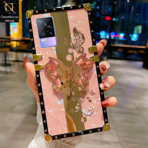 Vivo V21e Cover - Pink -  Luxury Shiny Rhinestone Butterfly Electroplated Square Trunk Soft Case