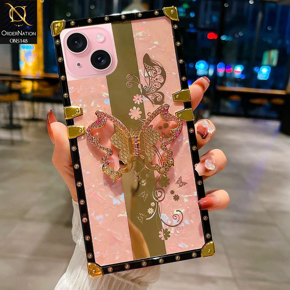 iPhone 13 Cover - Pink -  Luxury Shiny Rhinestone Butterfly Electroplated Square Trunk Soft Case