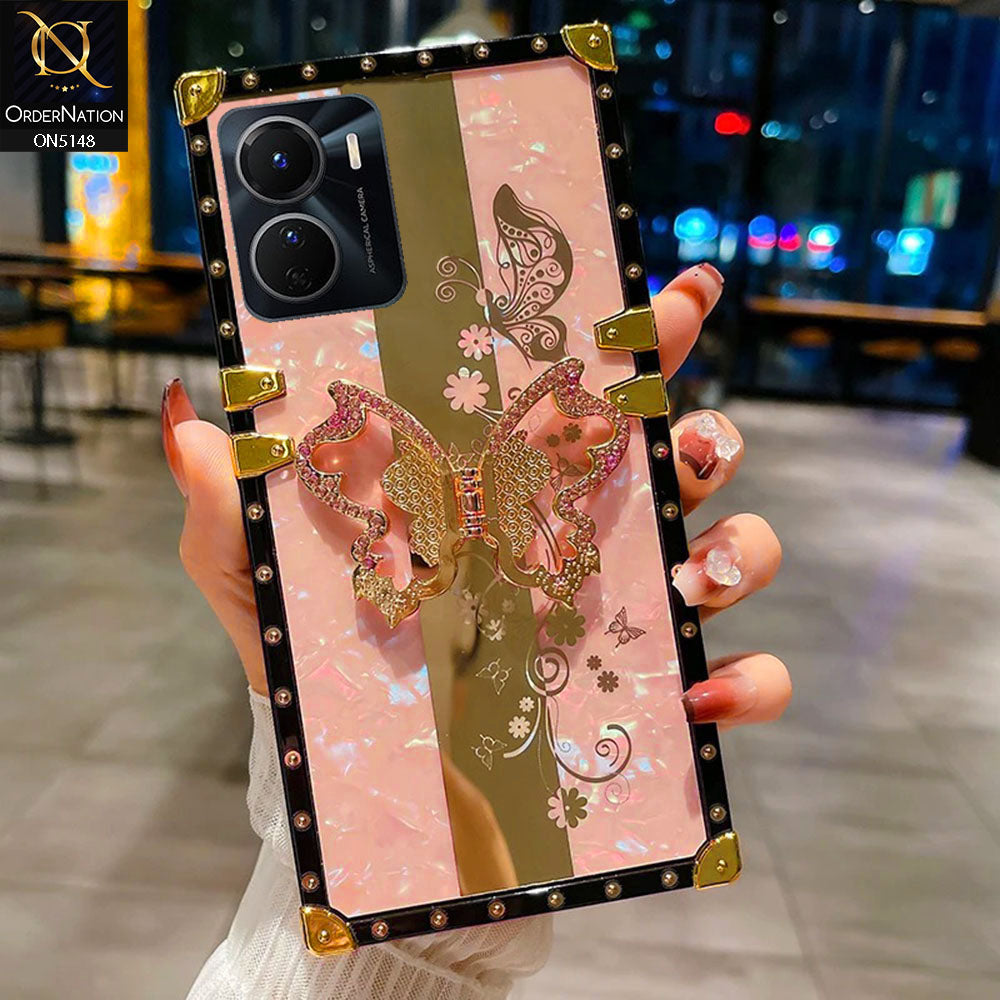 Vivo Y35 5G Cover - Pink -  Luxury Shiny Rhinestone Butterfly Electroplated Square Trunk Soft Case