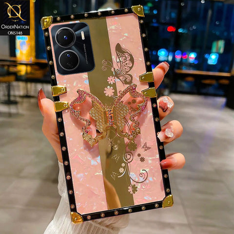 Vivo Y35 5G Cover - Pink -  Luxury Shiny Rhinestone Butterfly Electroplated Square Trunk Soft Case