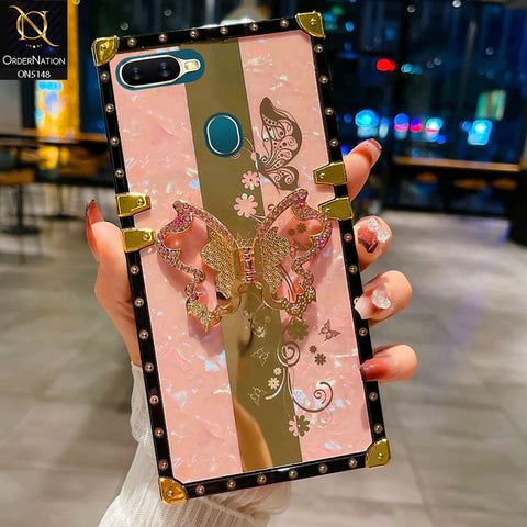 Oppo A7 Cover - Pink -  Luxury Shiny Rhinestone Butterfly Electroplated Square Trunk Soft Case