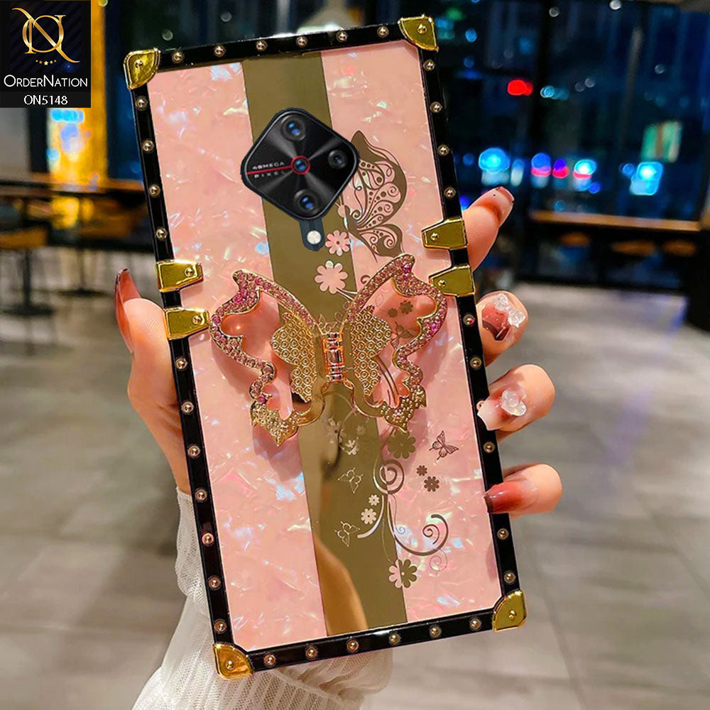 Vivo S1 Pro Cover - Pink -  Luxury Shiny Rhinestone Butterfly Electroplated Square Trunk Soft Case