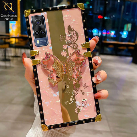 Vivo Y33 Cover - Pink -  Luxury Shiny Rhinestone Butterfly Electroplated Square Trunk Soft Case