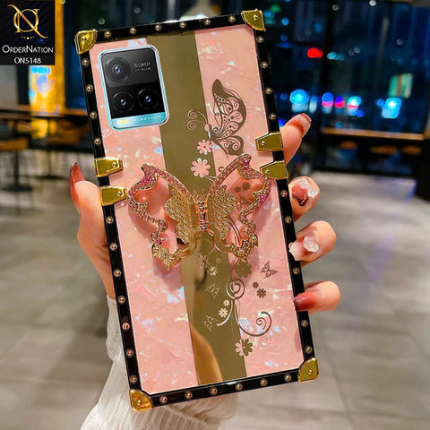 Vivo Y21G Cover - Pink -  Luxury Shiny Rhinestone Butterfly Electroplated Square Trunk Soft Case