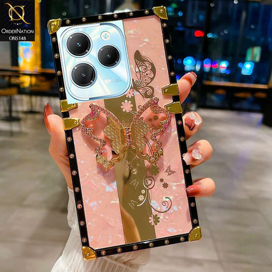 Infinix Hot 40 Cover - Pink -  Luxury Shiny Rhinestone Butterfly Electroplated Square Trunk Soft Case