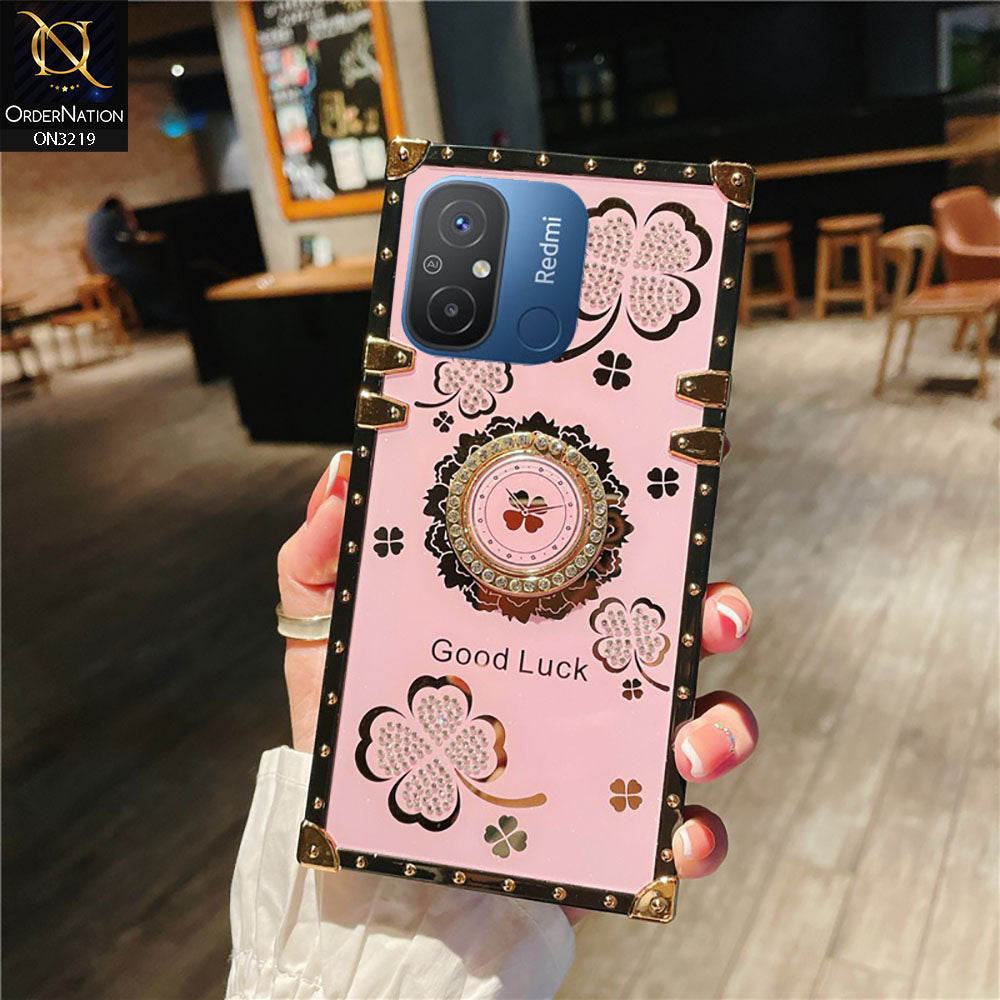 Xiaomi Redmi 12C Cover - Pink -  Square Bling Diamond Glitter Soft TPU Trunk Case with Ring Holder