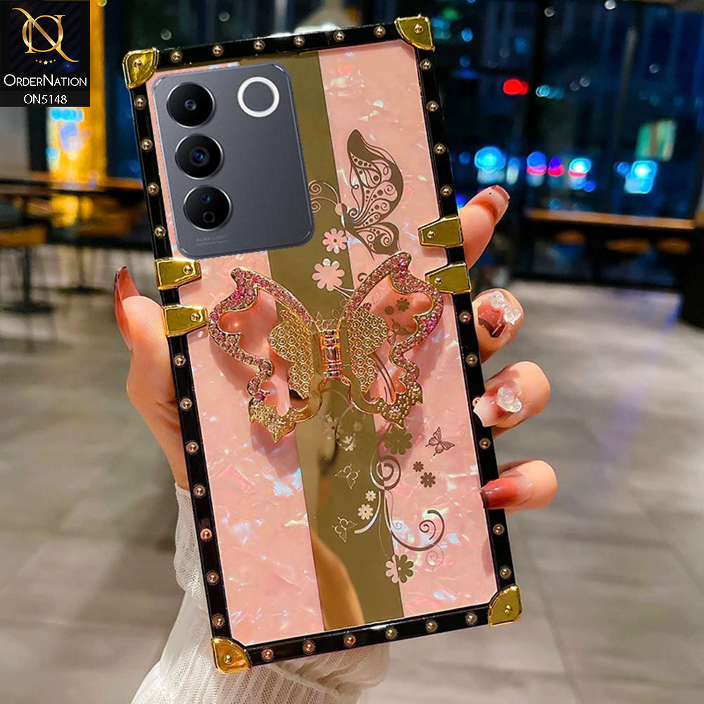Vivo S16e Cover - Pink -  Luxury Shiny Rhinestone Butterfly Electroplated Square Trunk Soft Case