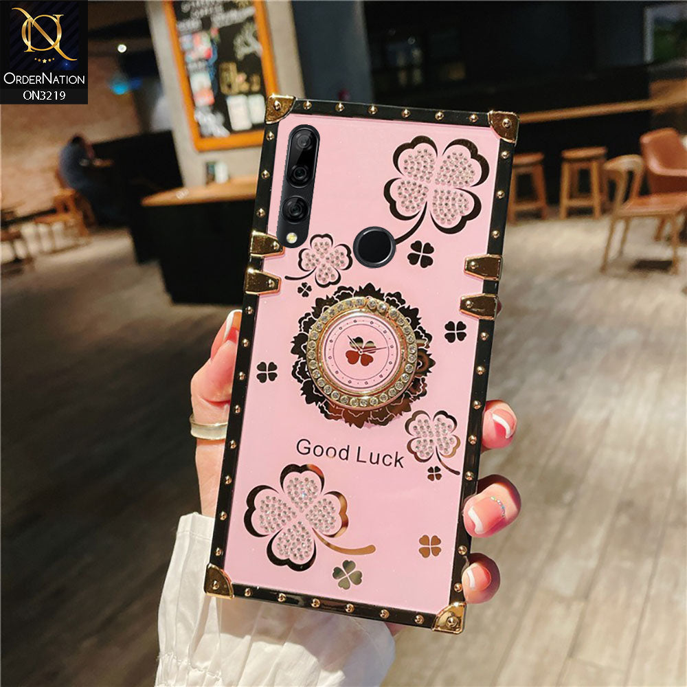 Huawei Y9 Prime 2019 Cover - Pink -  Square Bling Diamond Glitter Soft TPU Trunk Case with Ring Holder