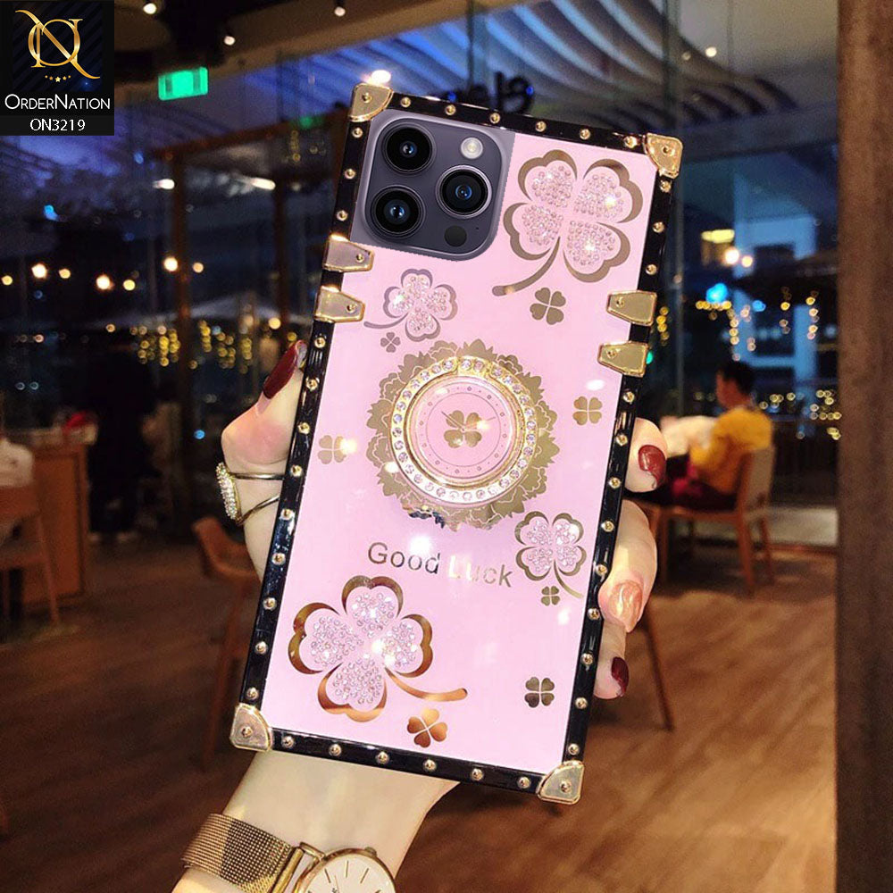 iPhone 14 Pro Cover - Pink - Square Bling Diamond Glitter Soft TPU Trunk Case with Ring Holder
