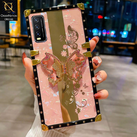 Vivo Y12s Cover - Pink -  Luxury Shiny Rhinestone Butterfly Electroplated Square Trunk Soft Case