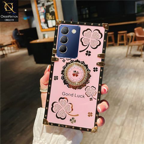 Vivo Y200e Cover - Pink - Square Bling Diamond Glitter Soft TPU Trunk Case with Ring Holder
