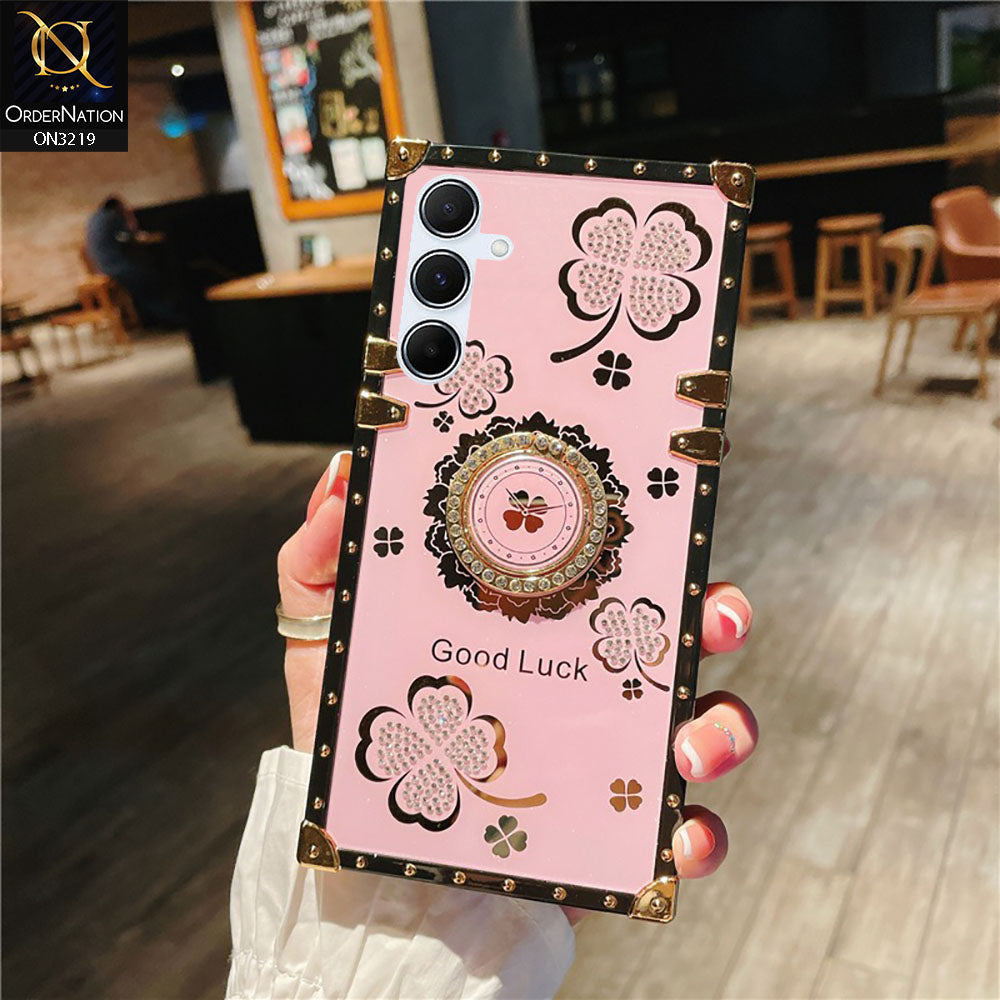 Samsung Galaxy A55 Cover - Pink - Square Bling Diamond Glitter Soft TPU Trunk Case with Ring Holder