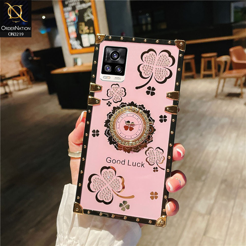 Vivo V20 Cover - Pink -  Square Bling Diamond Glitter Soft TPU Trunk Case with Ring Holder