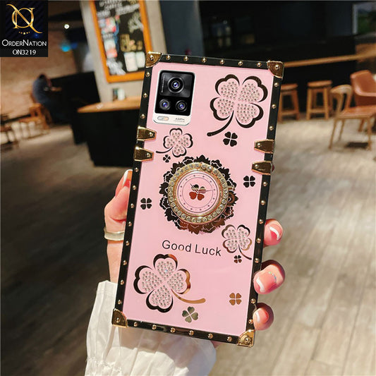 Vivo V20 Cover - Pink -  Square Bling Diamond Glitter Soft TPU Trunk Case with Ring Holder