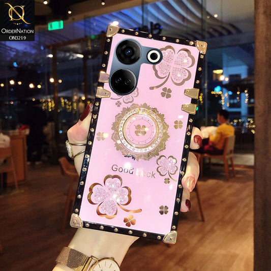 Tecno Camon 20 Cover - Pink  - Square Bling Diamond Glitter Soft TPU Trunk Case with Ring Holder