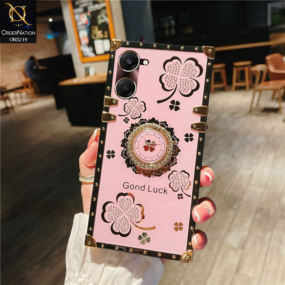 Vivo Y03t Cover - Pink - Square Bling Diamond Glitter Soft TPU Trunk Case with Ring Holder