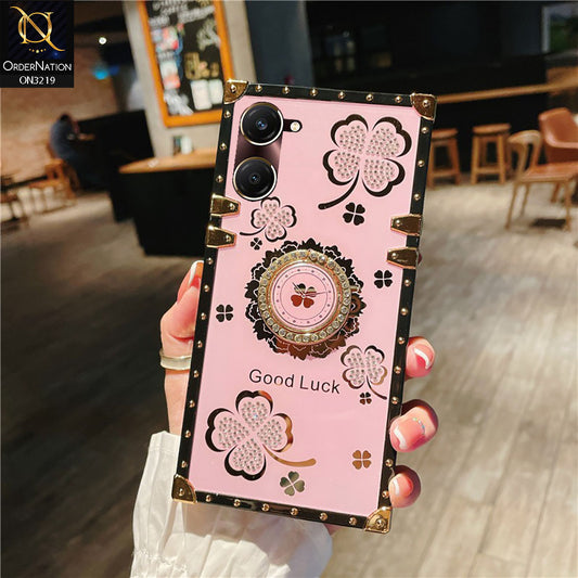 Vivo Y03t Cover - Pink - Square Bling Diamond Glitter Soft TPU Trunk Case with Ring Holder
