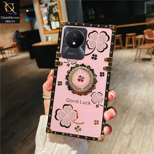 Vivo Y11 2023 Cover - Pink - Square Bling Diamond Glitter Soft TPU Trunk Case with Ring Holder