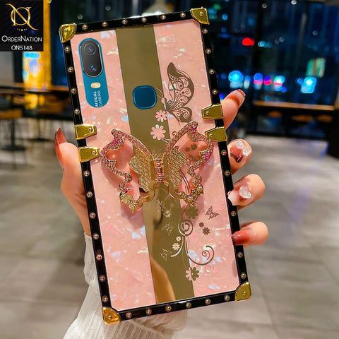Vivo Y11 (2019) Cover - Pink -  Luxury Shiny Rhinestone Butterfly Electroplated Square Trunk Soft Case