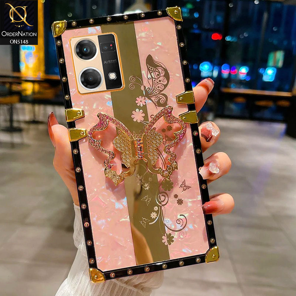 Oppo F21 Pro 4G Cover - Pink -  Luxury Shiny Rhinestone Butterfly Electroplated Square Trunk Soft Case