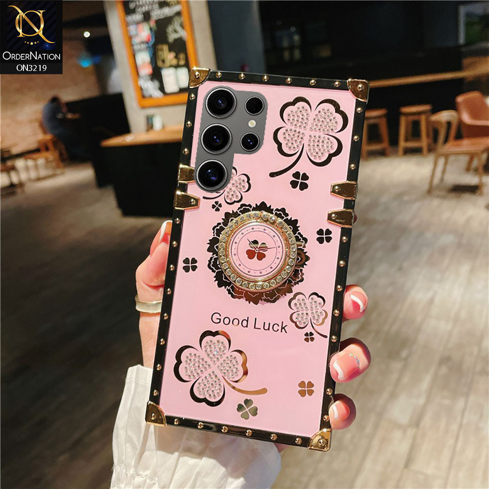 Samsung Galaxy S24 Ultra Cover - Pink - Square Bling Diamond Glitter Soft TPU Trunk Case with Ring Holder