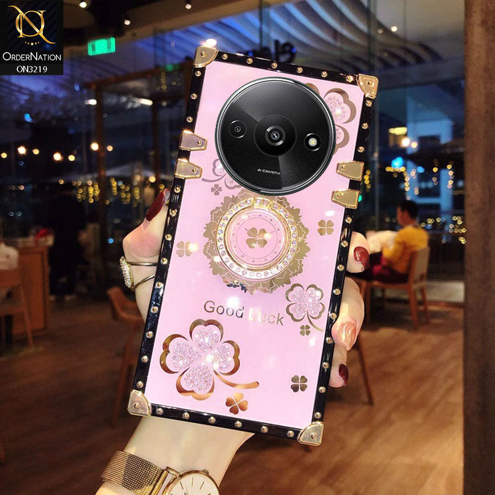 Xiaomi Redmi A3 Cover - Pink  - Square Bling Diamond Glitter Soft TPU Trunk Case with Ring Holder