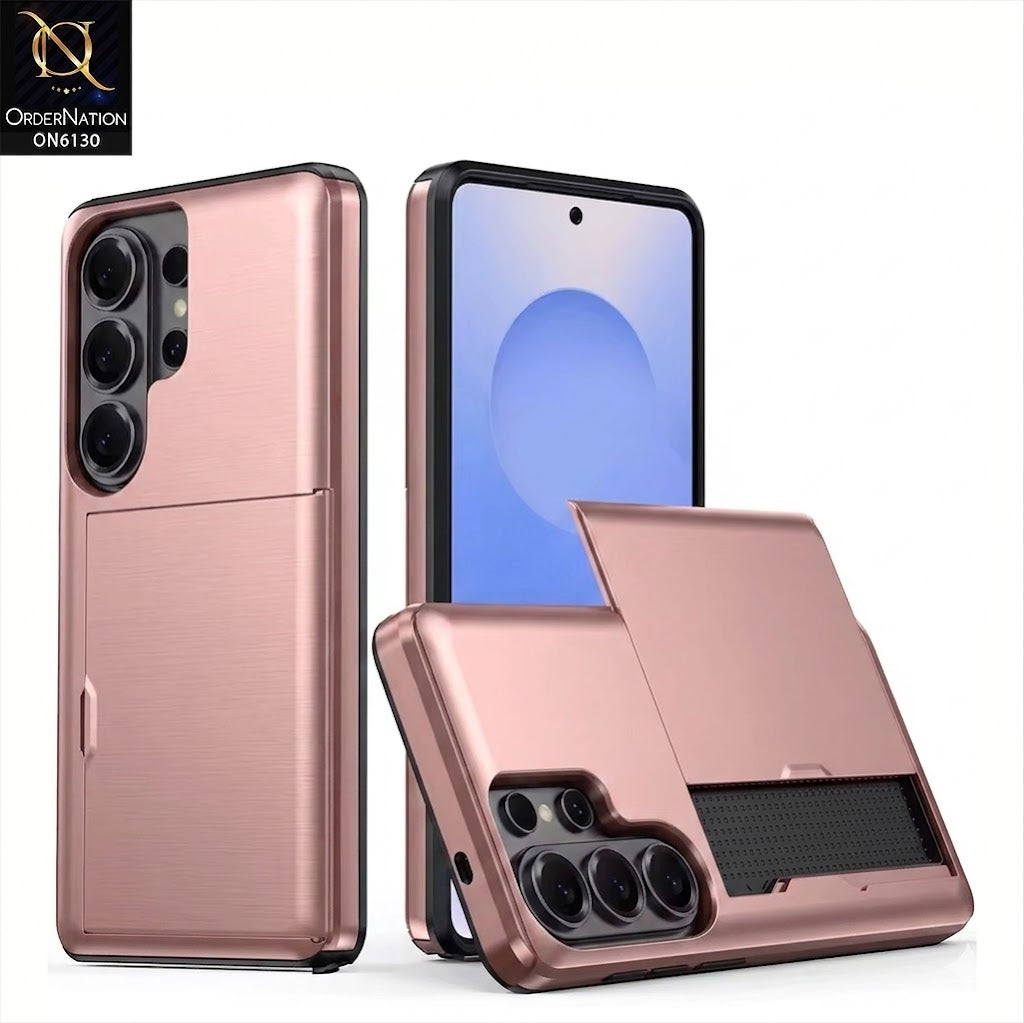 Samsung Galaxy S25 Ultra Cover - Rose Gold - Mobile Case Sliding Wallet Card Holder and shockproof bumper edges